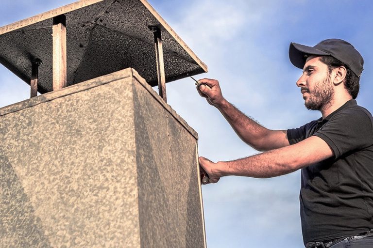 Technician fitting a metal cap on a chimney, the chimney cap replacement Smoke Alert provides across Charlotte, NC homes